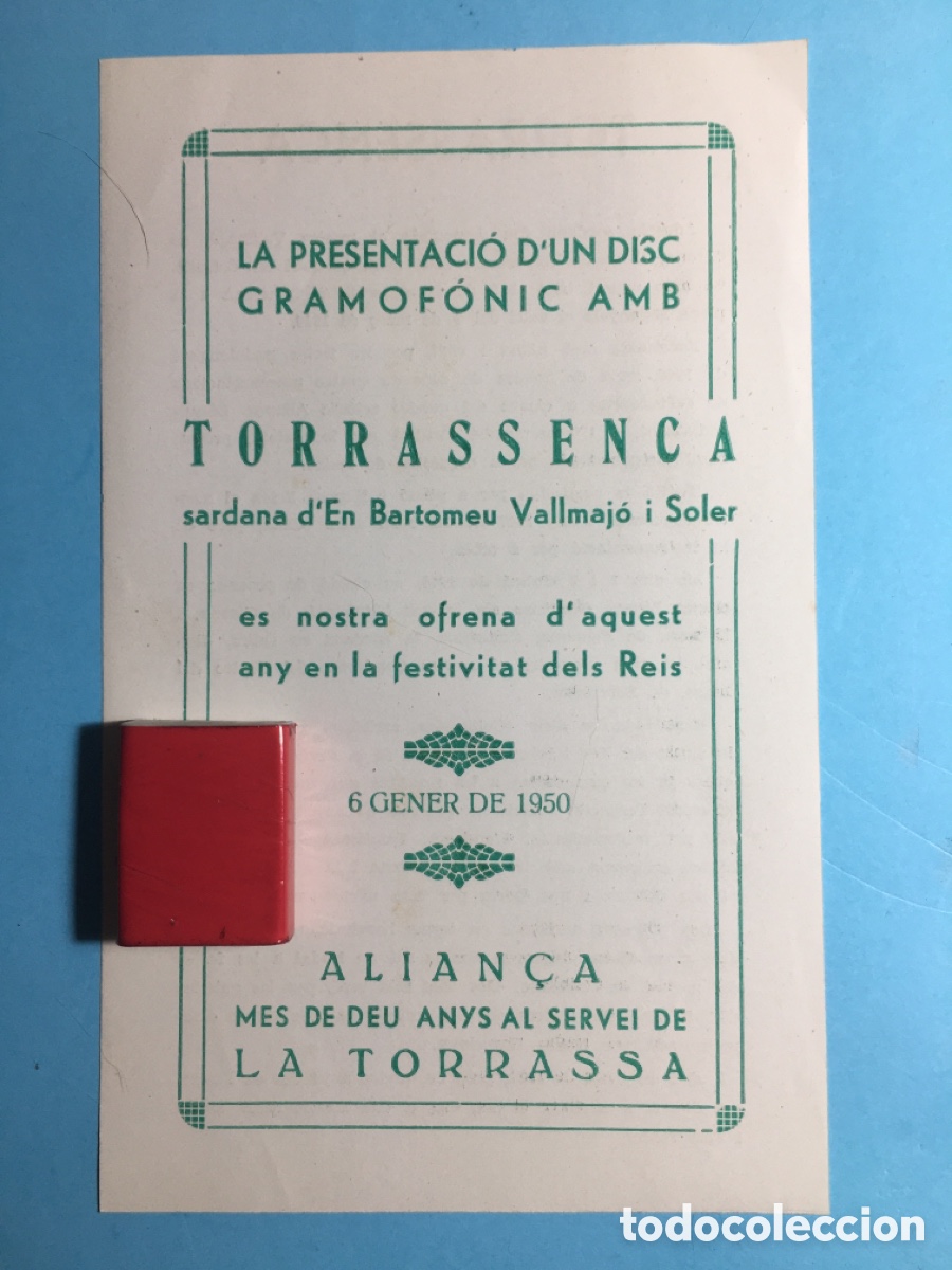 Musica di collezione: 1950 6/1 ALIAN&Ccedil;A LA TORRASSA ''TORRASSENCA'' BREU HISTORIA SARDANA D&acute;EN BARTOMEU VALLMAJ&Oacute; I SOLER