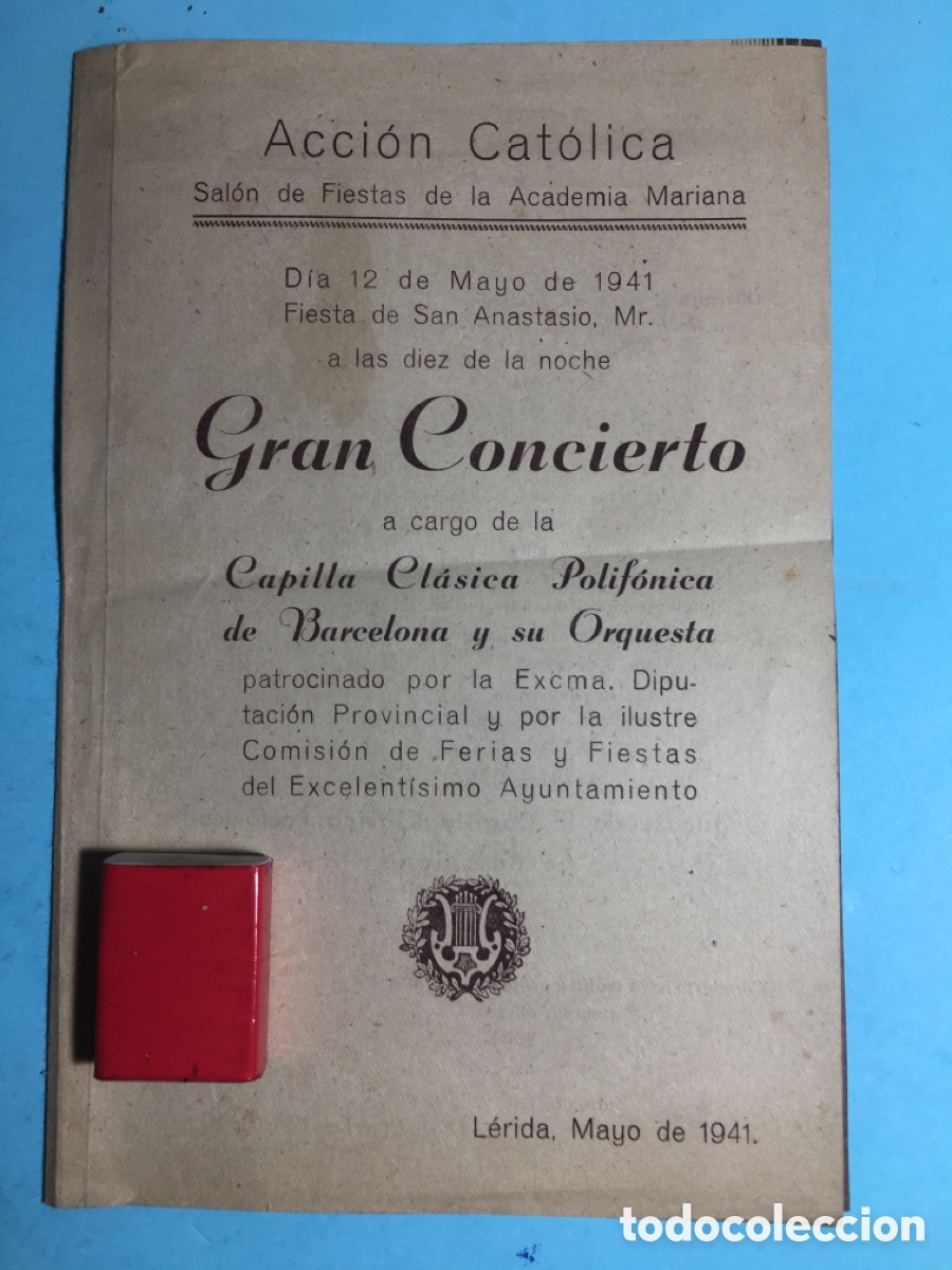 M&uacute;sica de colecci&oacute;n: 1941 MAYO LLEIDA ACCI&Oacute;N CAT&Oacute;LICA GRAN CONCIERTO CAPILLA CL&Aacute;SICA POLIF&Oacute;NICA D BARCELONA Y SU ORQUESTA