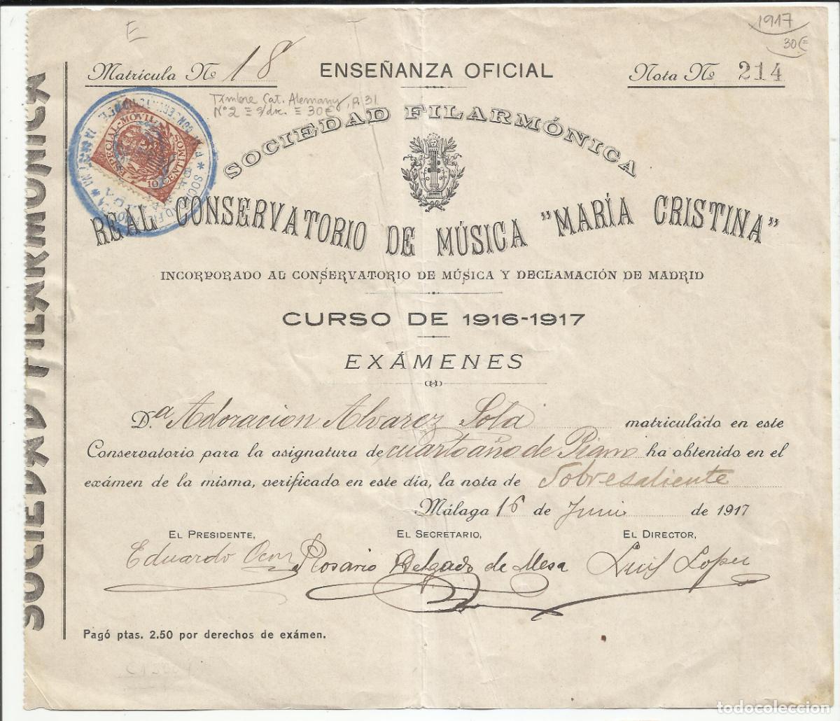 M&uacute;sica de colecci&oacute;n: sobresaliente 1917 conservatorio de malaga - Foto 1