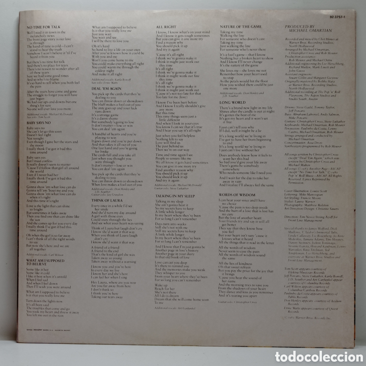 M&uacute;sica de colecci&oacute;n: CHRISTOPHER CROSS, ANOTHER PAGE (FUNDA INTERIOR LETRAS) - Foto 2