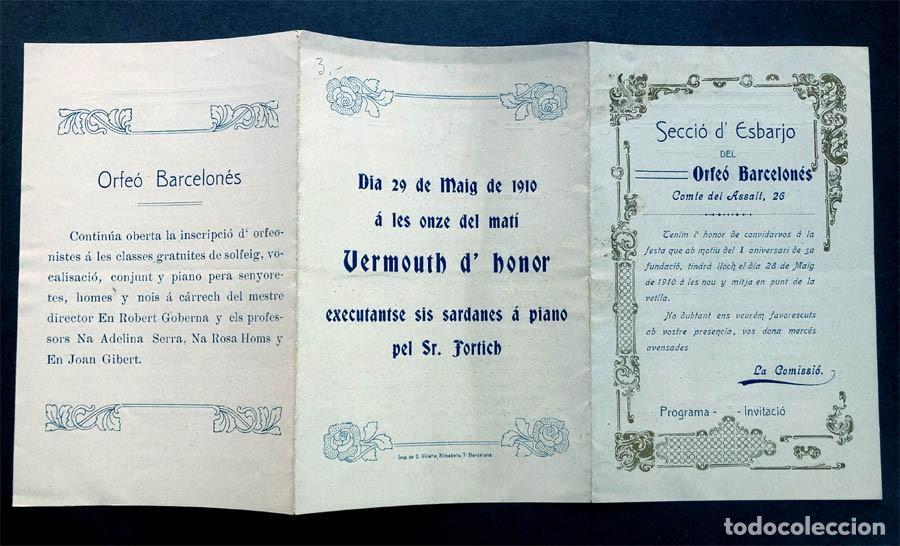 M&uacute;sica de colecci&oacute;n: SECCI&Oacute; D' ESBARJO DEL ORFE&Oacute; BARCELON&Eacute;S / BARCELONA 1910 / PROGAMA - INVITACI&Oacute; / SARDANES / FORTICH