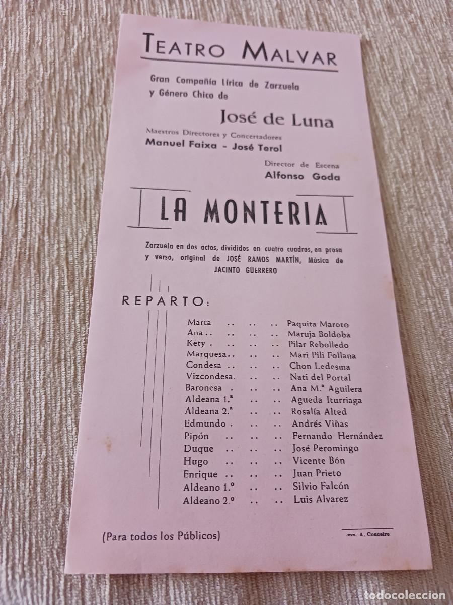 M&uacute;sica de colecci&oacute;n: compa&ntilde;ia de zarzuela, jose de luna, teatro malvar, pontevedra, la monteria, dir. alfonso goda......