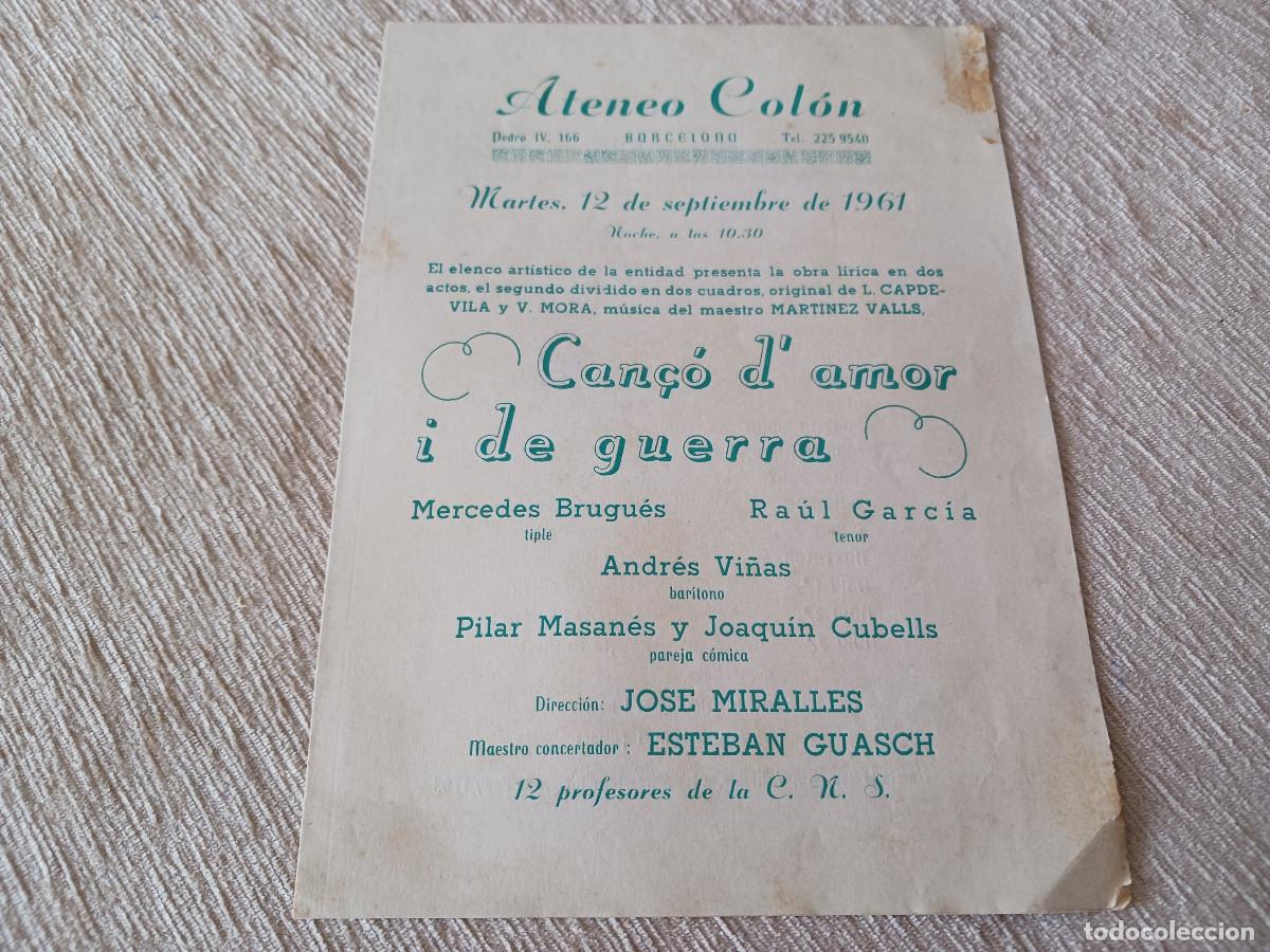 M&uacute;sica de colecci&oacute;n: ateneo colon, barcelona 1961, can&ccedil;o d`amor i de guerra, mercedes brugues, raul garcia