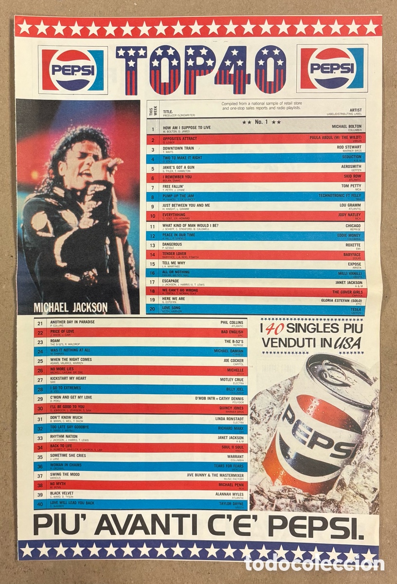Musica di collezione: MICHAEL JACKSON. PUBLICIDAD DE PEPSI ITALIA DEL A&Ntilde;O 1989, CON EL TOP 40 VENTAS DISCOS EN USA.
