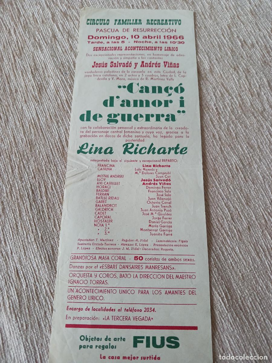 M&uacute;sica de colecci&oacute;n: circulo familiar recreativo de manresa 1966, can&ccedil;o d`amor i de guerra, lina richarte, andres vi&ntilde;as