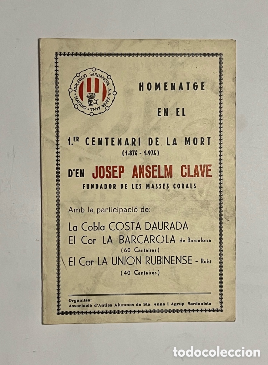 M&uacute;sica de colecci&oacute;n: JOSEP ANSELM CLAVE HOMENATGE EN EL 1.ER CENTENARI DE LA MORT (1.874 - 1.974)