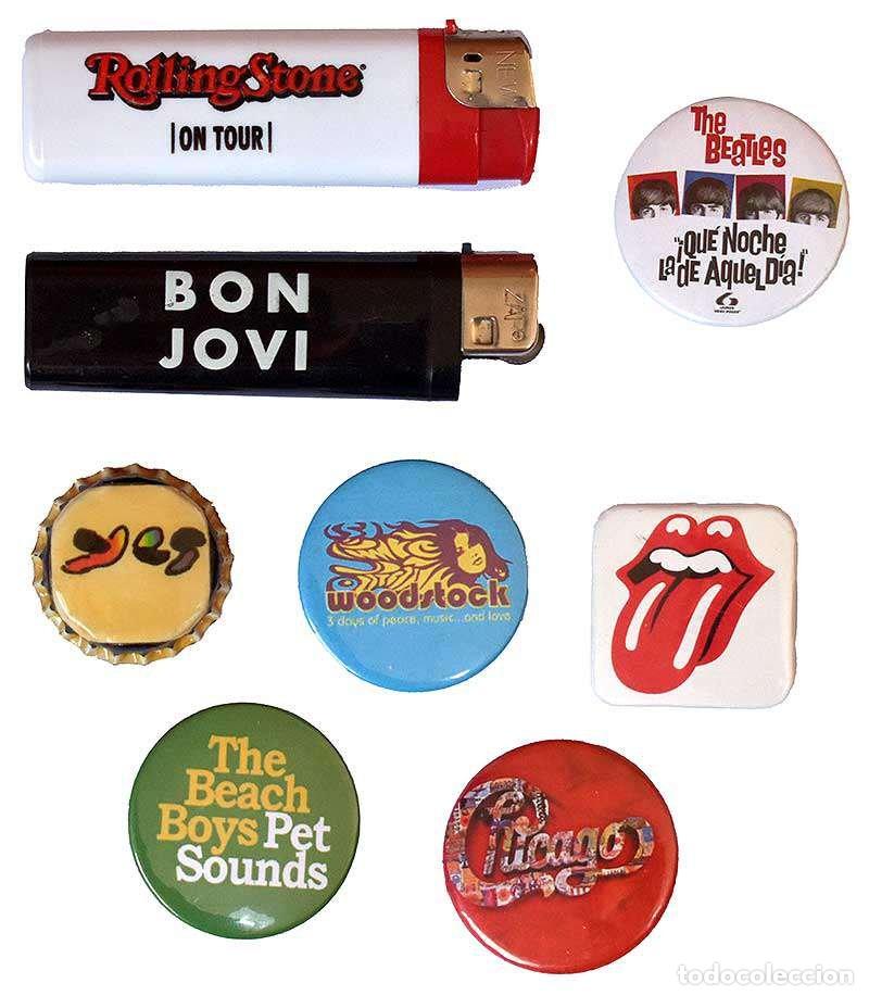 M&uacute;sica de colecci&oacute;n: Lote de 6 chapas y 2 mecheros de bandas de rock