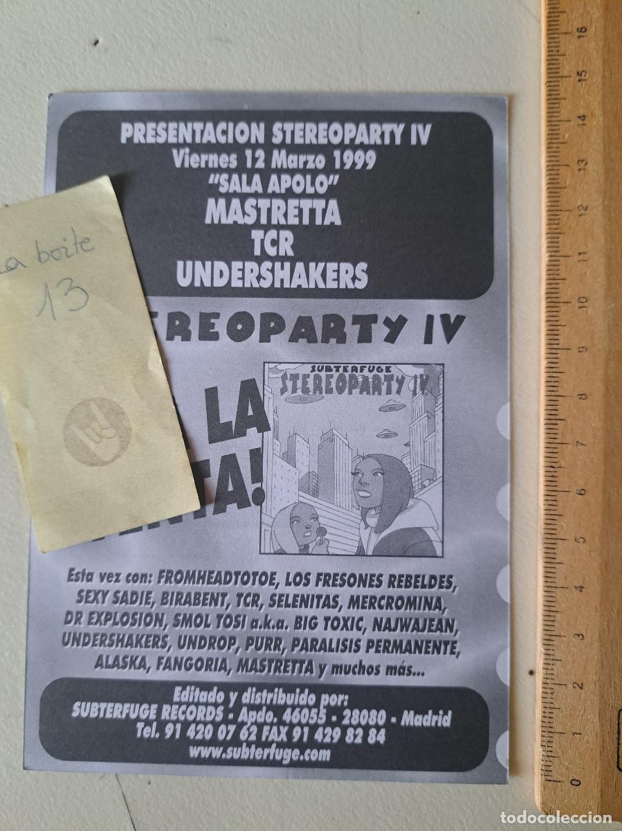 M&uacute;sica de colecci&oacute;n: FLYER FIESTA STEREOPARTY IV SUBTERFUGE APOLO MASTRETTA TCR UNDERSHAKERS A&Ntilde;O 1999