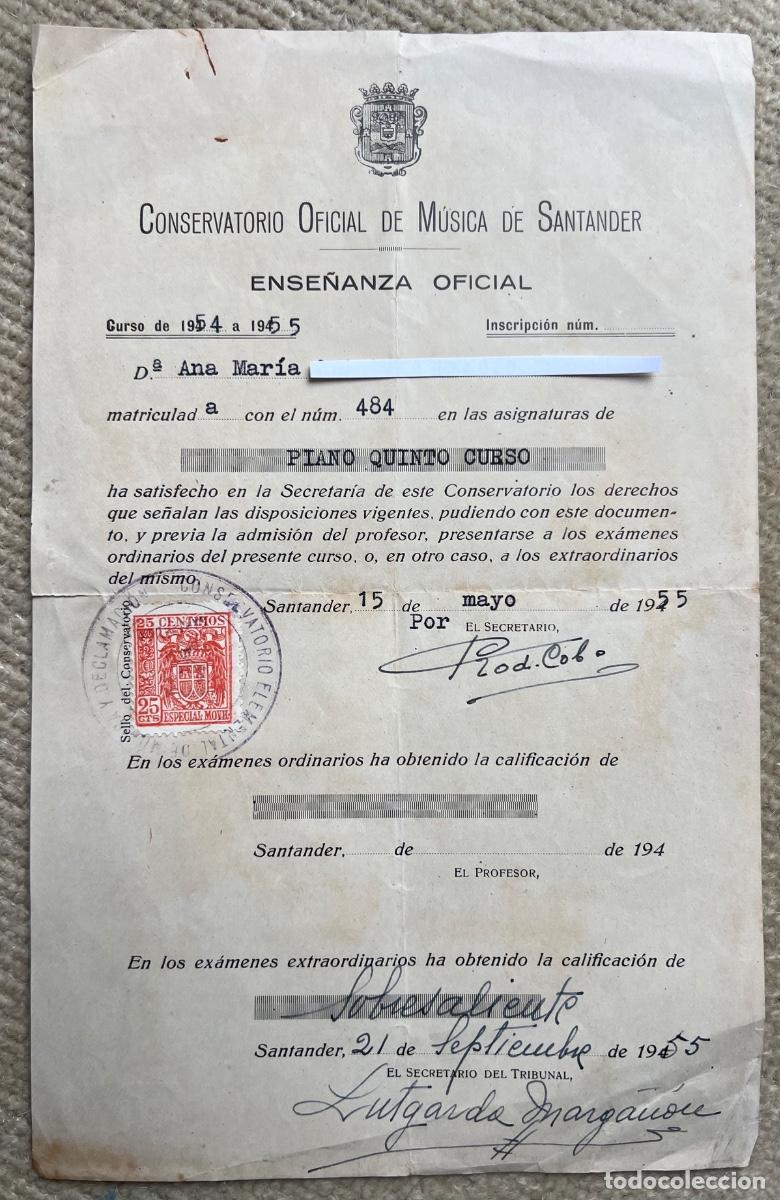 M&uacute;sica de colecci&oacute;n: Conservatorio Oficial de M&uacute;sica de Santander - Curso 1954/55 - Derechos de matr&iacute;cula y Calificaci&oacute;n
