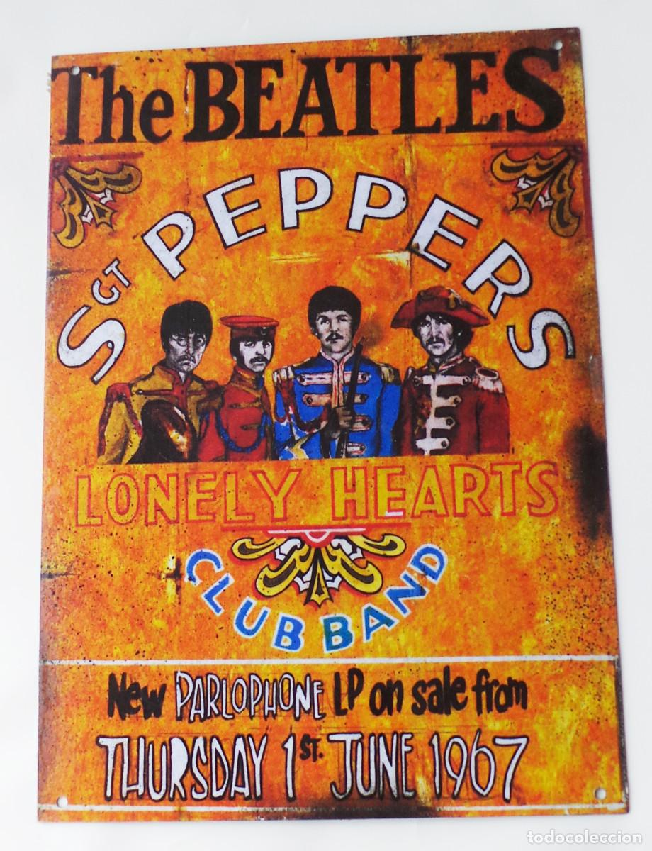 M&uacute;sica de colecci&oacute;n: PLACA METAL, ANUNCIO 1967 &Aacute;LBUM &rdquo;SGT. PEPPER'S LONELY HEARTS CLUB BAND&rdquo; DE THE BEATLES 29,5X21
