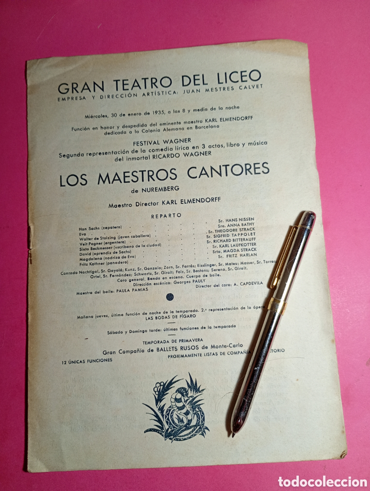 M&uacute;sica de colecci&oacute;n: BCN GRAN TEATRO DEL LICEO 30/1/1935 RICHARD WAGNER LOS MAESTROS CANTORES D NUREMBERG KARL ELMENDORFF