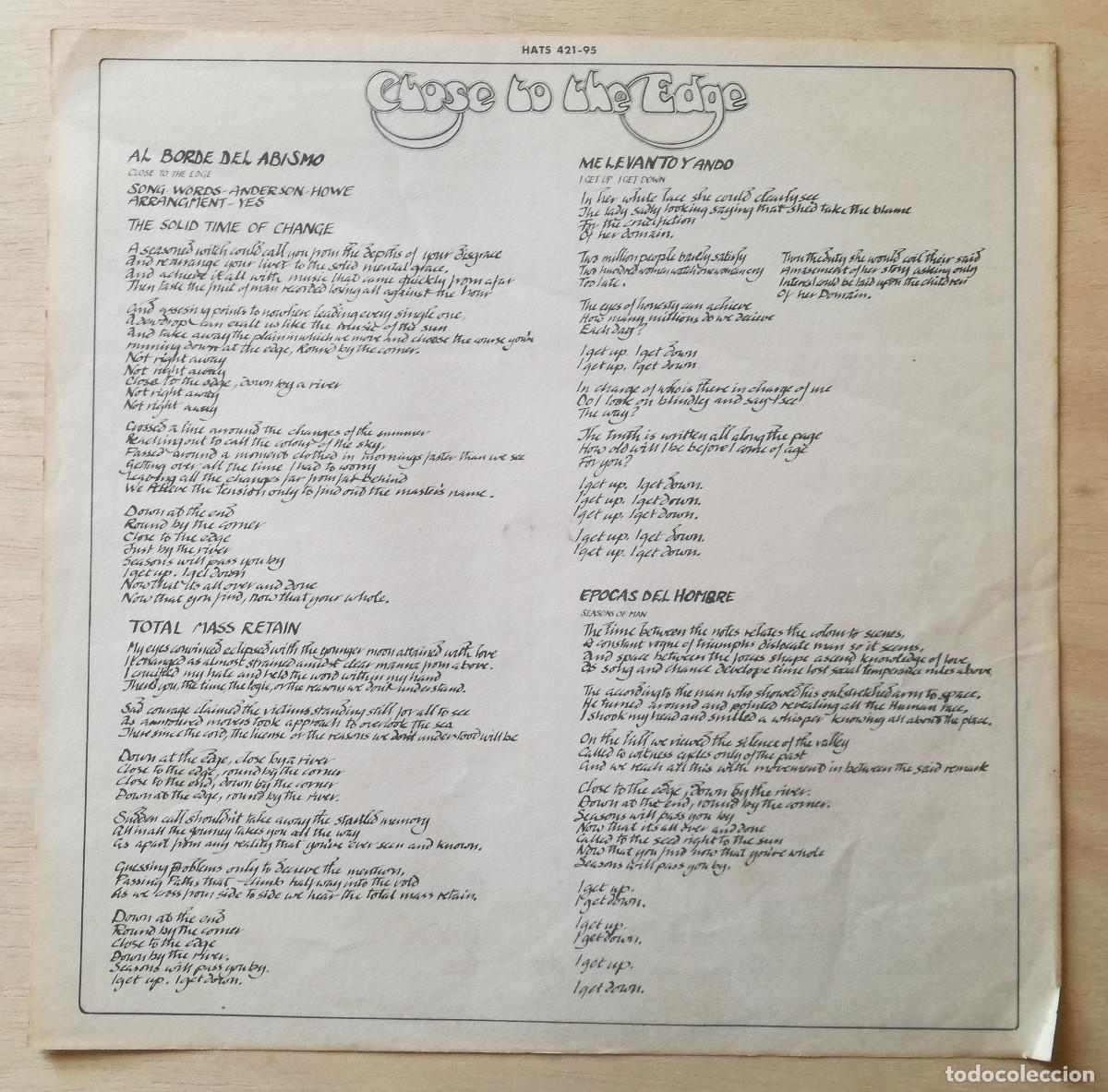 M&uacute;sica de colecci&oacute;n: YES - CLOSE TO THE EDGE - ENCARTE EDICION ESPA&Ntilde;OLA HISPAVOX - PEDIDO MINIMO 7&euro;