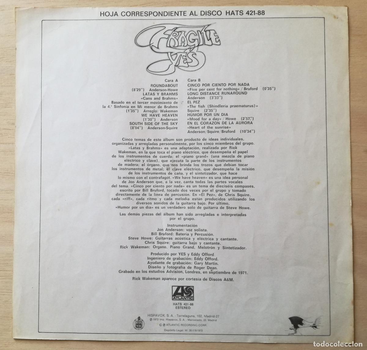 M&uacute;sica de colecci&oacute;n: YES - FRAGILE - ENCARTE EDICION ESPA&Ntilde;OLA HISPAVOX - PEDIDO MINIMO 7&euro;
