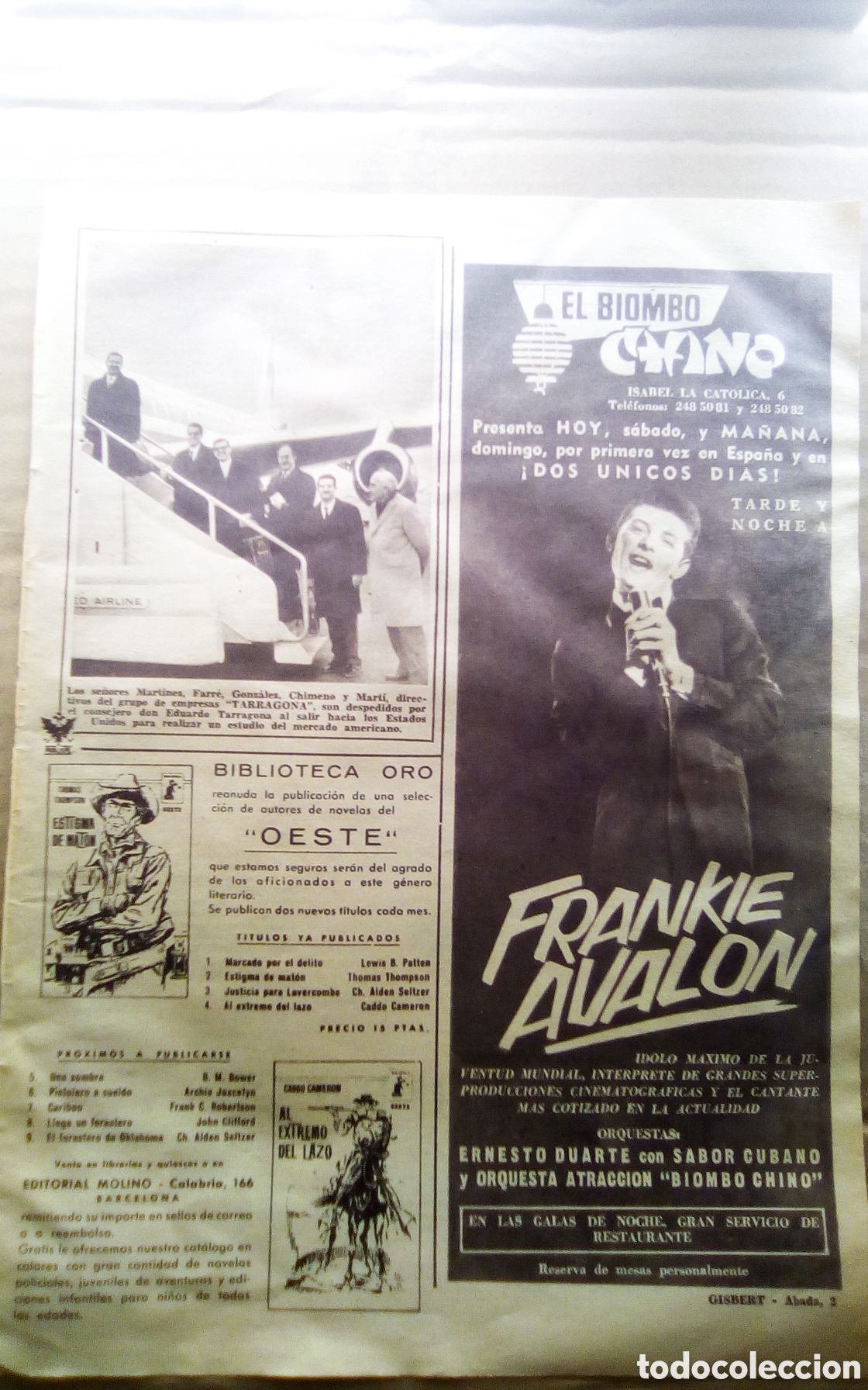 M&uacute;sica de colecci&oacute;n: Hoja peri&oacute;dico ABC, a&ntilde;o 1964. Publicidad actuaci&oacute;n de Frankie Avalon en el &rdquo;Biombo Chino&rdquo;, Madrid.