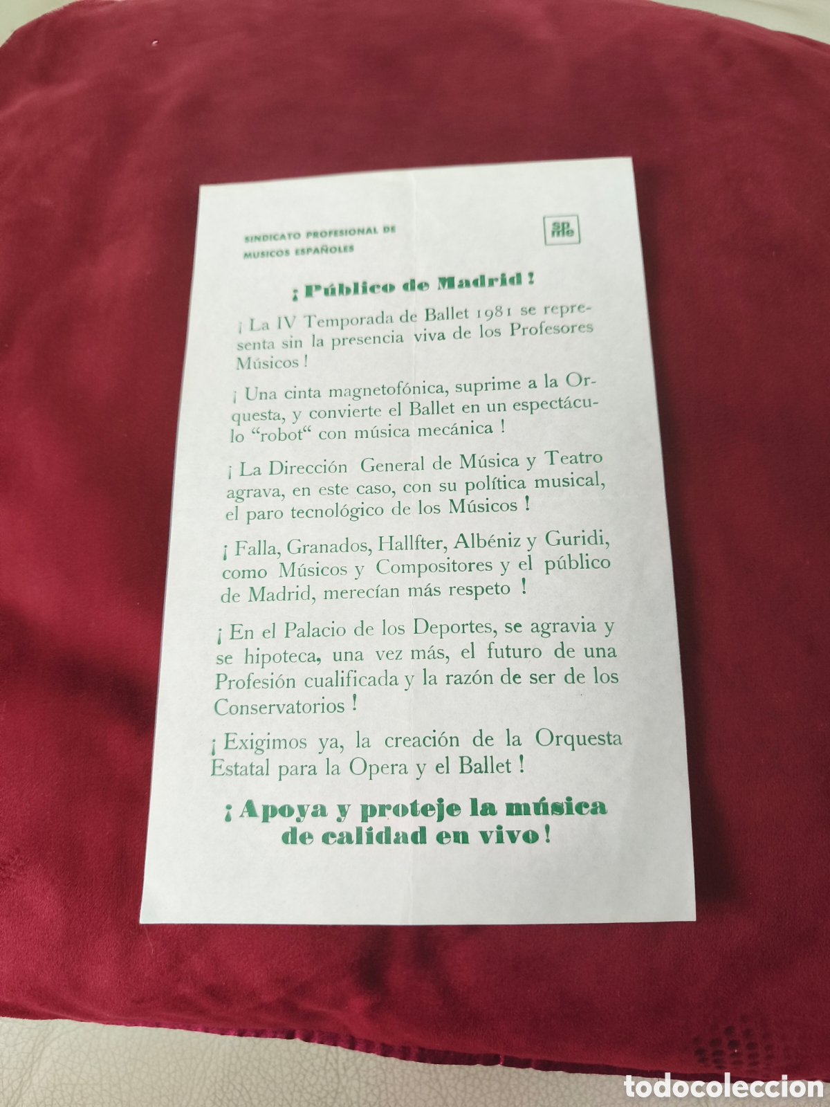 M&uacute;sica de colecci&oacute;n: Curioso panfleto.Sindicato Profesional de M&uacute;sicos espa&ntilde;oles