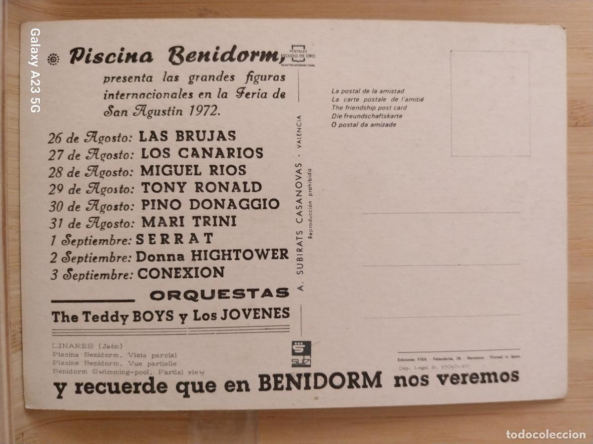 M&uacute;sica de colecci&oacute;n: LINARES PISCINA BENIDORM FIESTAS A&Ntilde;O 1972 ACTUACIONES MIGUEL RIOS CANARIOS MARI TRINI SERRAT POSTAL