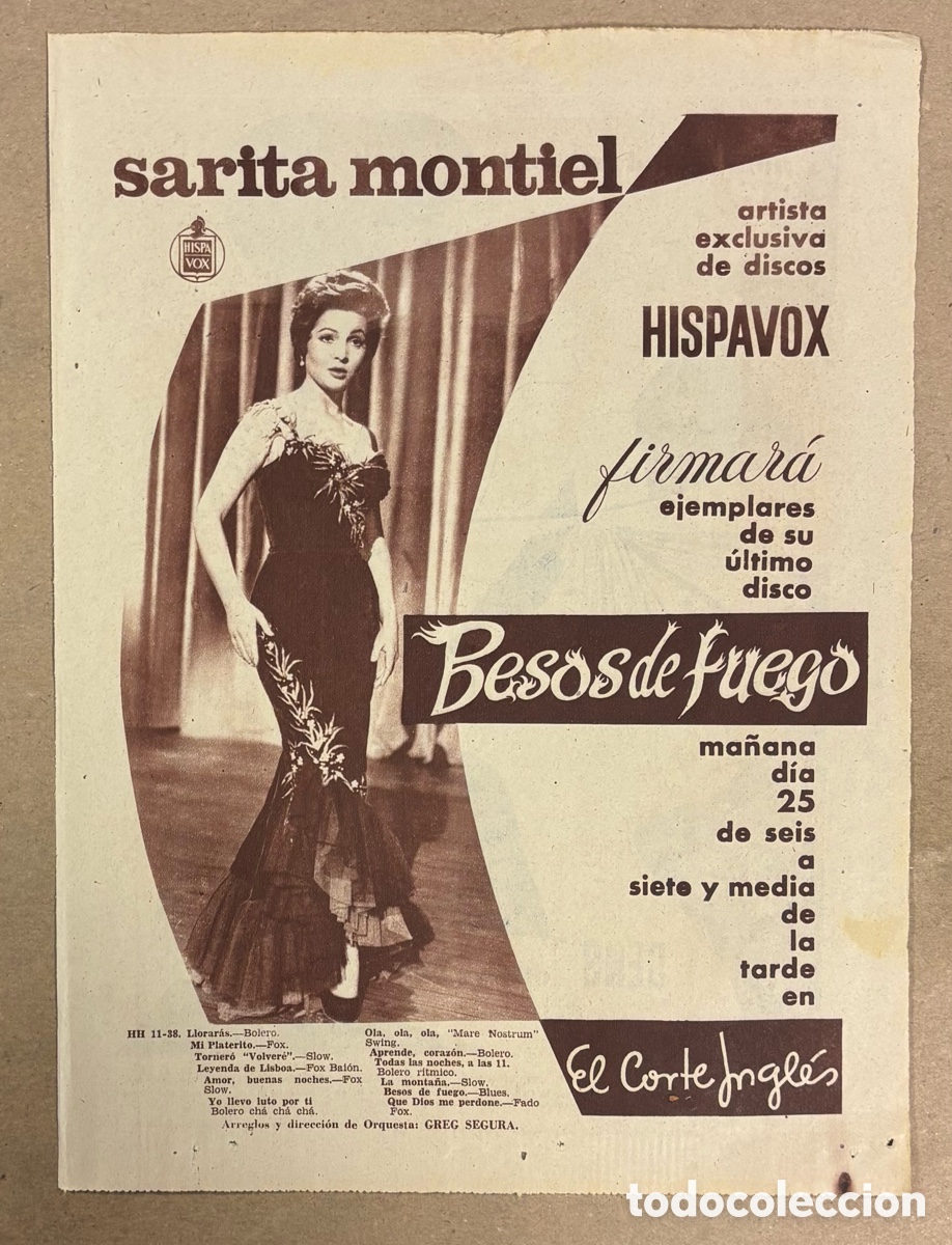M&uacute;sica de colecci&oacute;n: SARITA MONTIEL &ldquo;BESOS DE FUEGO&rdquo;. CARTEL PUBLICITARIO PERI&Oacute;DICO ABC DE 1959.