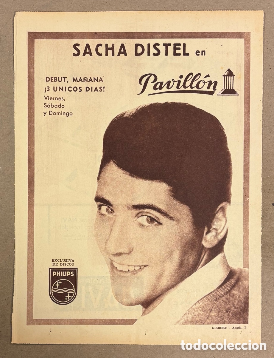 M&uacute;sica de colecci&oacute;n: SACHA DISTEL EN SALA PAVILL&Oacute;N (MADRID). CARTEL PUBLICITARIO ACTUACI&Oacute;N PERI&Oacute;DICO ABC DE 1960.