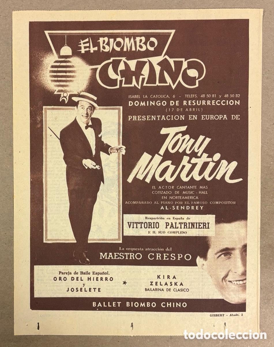 M&uacute;sica de colecci&oacute;n: TONY MARTIN EN EL BIOMBO CHINO. CARTEL PUBLICITARIO ACTUACI&Oacute;N PERI&Oacute;DICO ABC DE 1960.