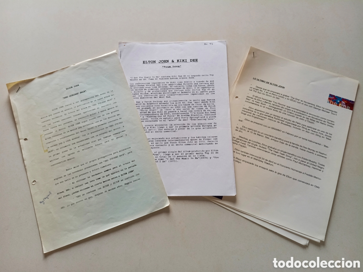 M&uacute;sica de colecci&oacute;n: Elton John x3 Press Sheet Spain Hojas Promocionales De Prensa