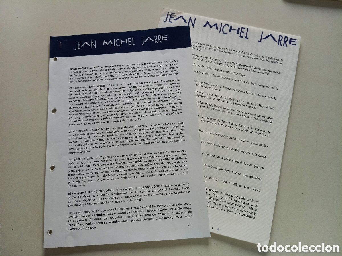 M&uacute;sica de colecci&oacute;n: Jean Michel Jarre 2x Promo Press Sheet