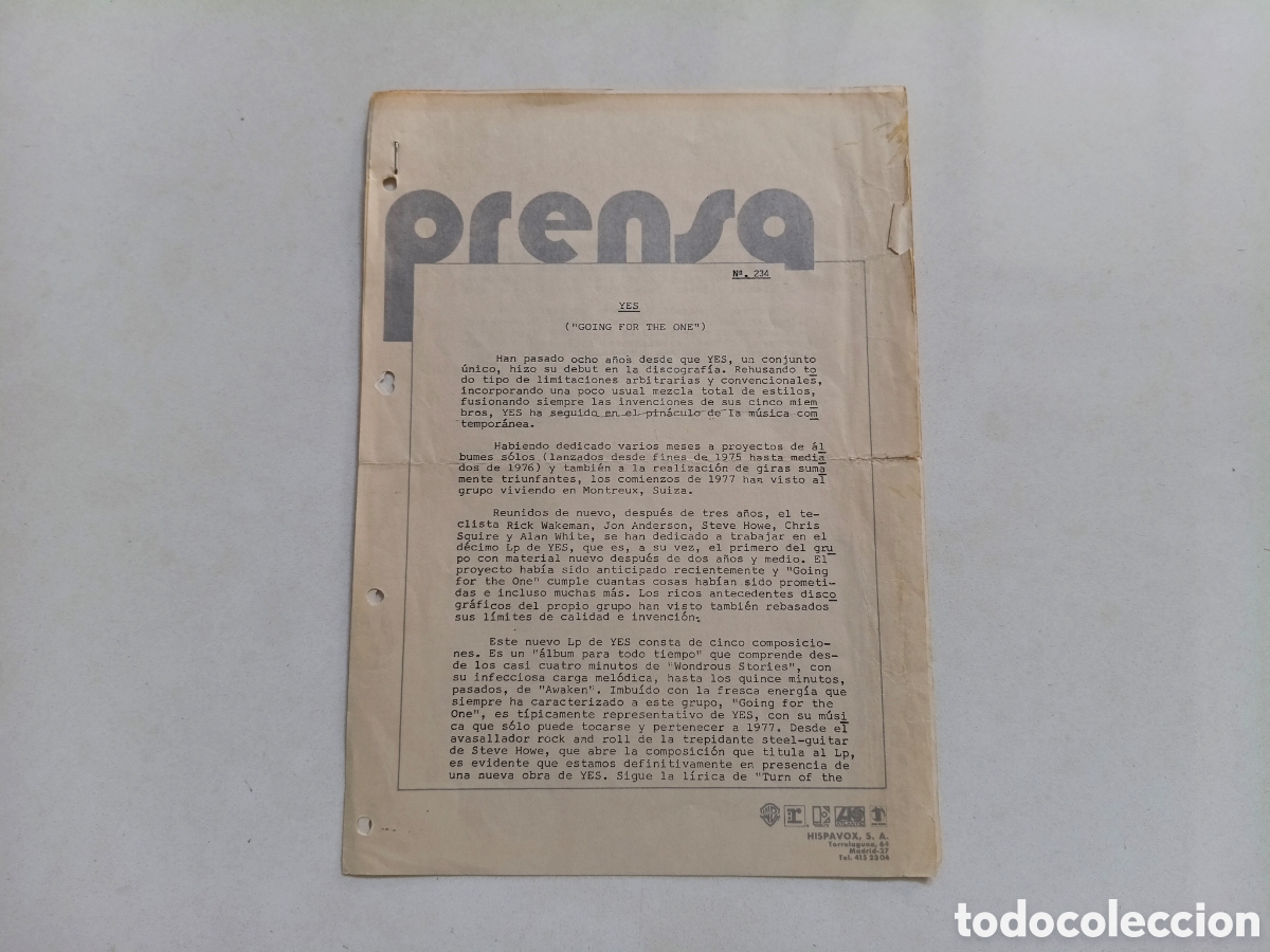 M&uacute;sica de colecci&oacute;n: Yes Spain Promo Press Sheet 1977 Hojas Promocionales Prensa