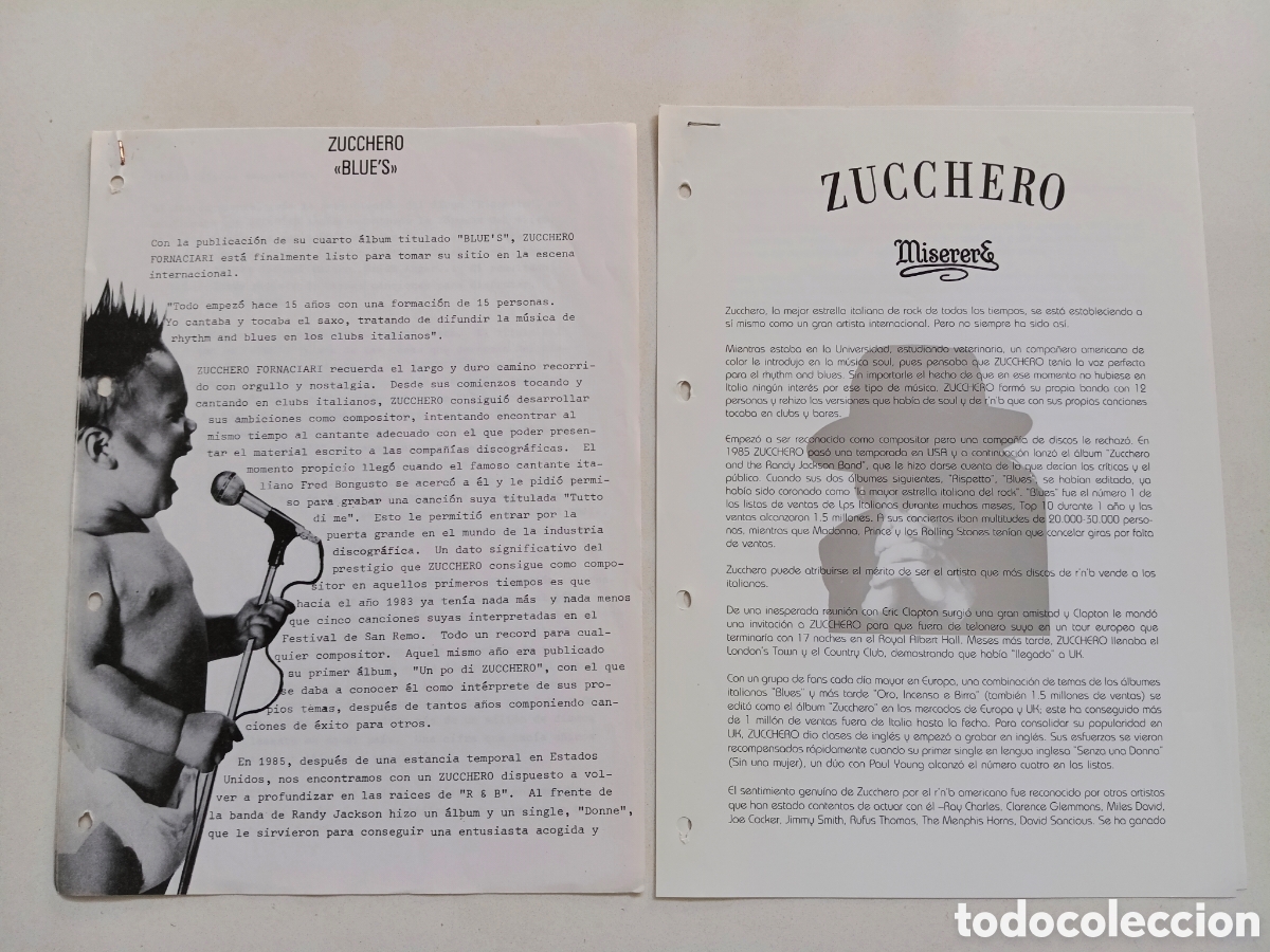 M&uacute;sica de colecci&oacute;n: Zucchero 2x Promo Press Sheet 1988 y 1992