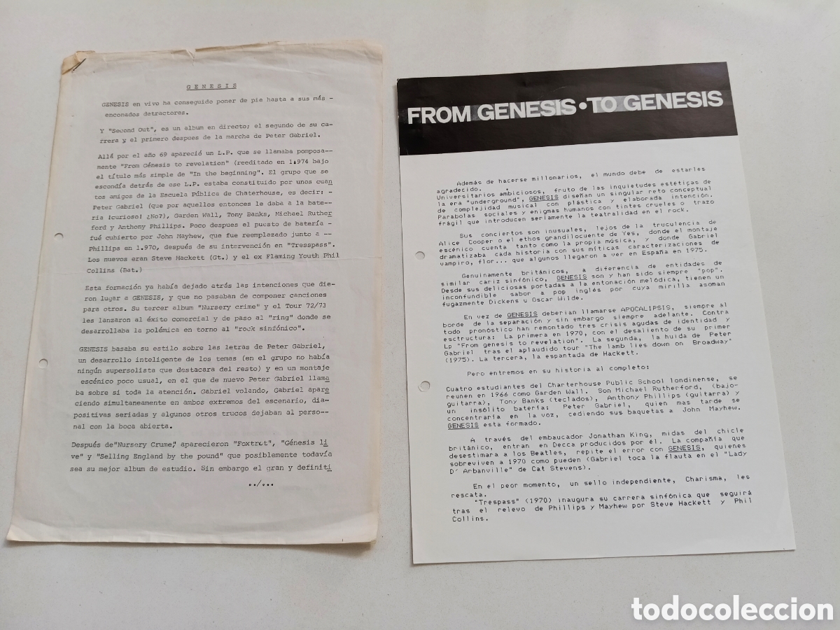 M&uacute;sica de colecci&oacute;n: Genesis 2x Spain Promo Press Sheet 1978 y 1987