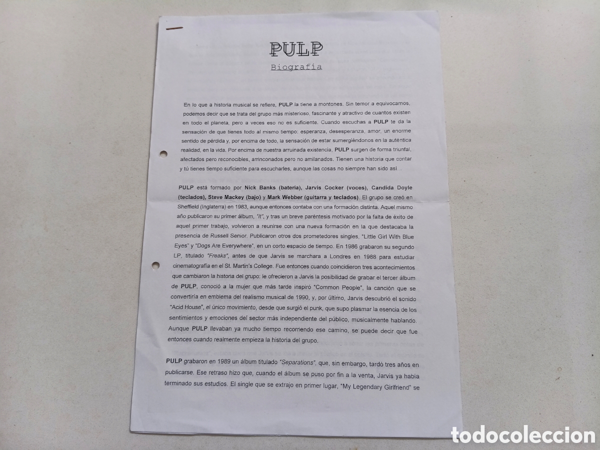 M&uacute;sica de colecci&oacute;n: Pulp Spain Promo Press Sheet 1998 This Is Hardcore