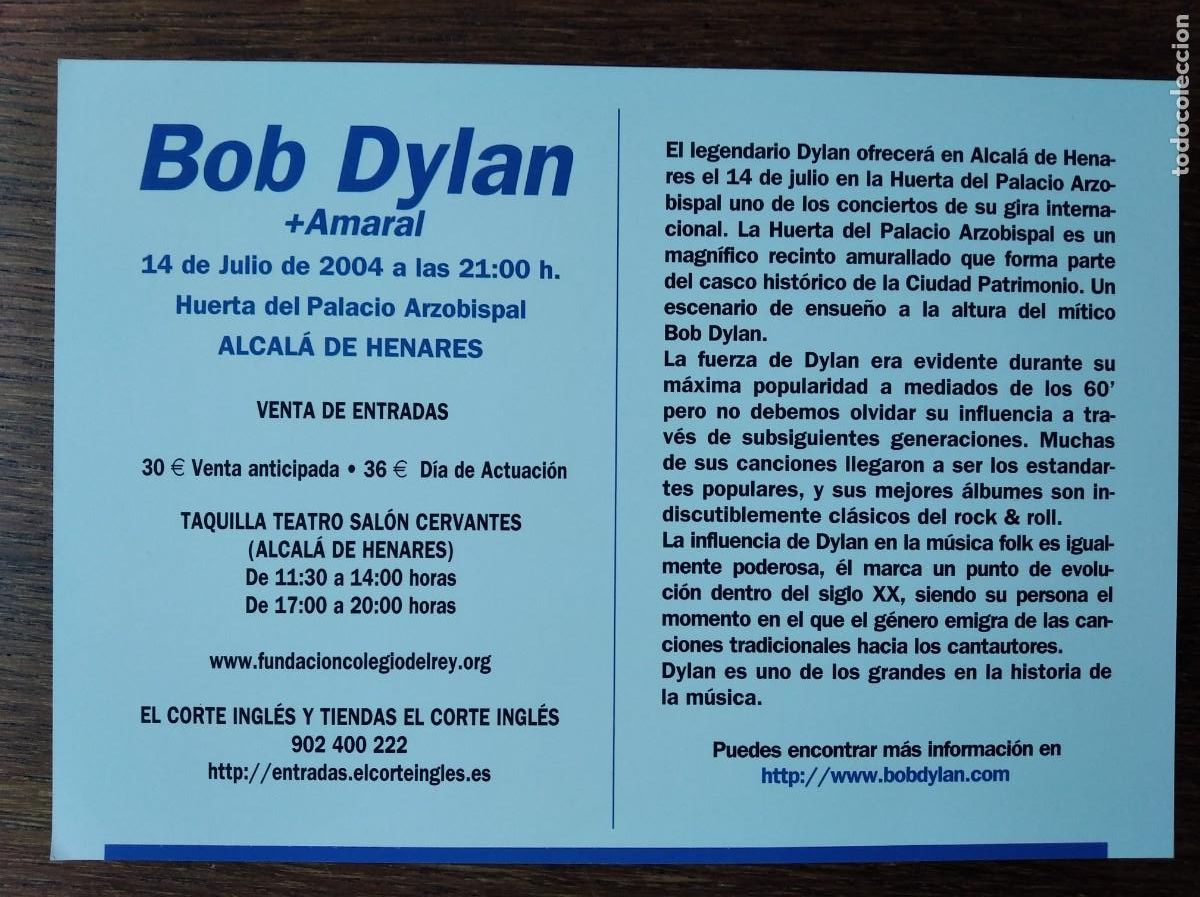 M&uacute;sica de colecci&oacute;n: Panfleto Bob Dylan - Benidorm 2004 - Foto 2