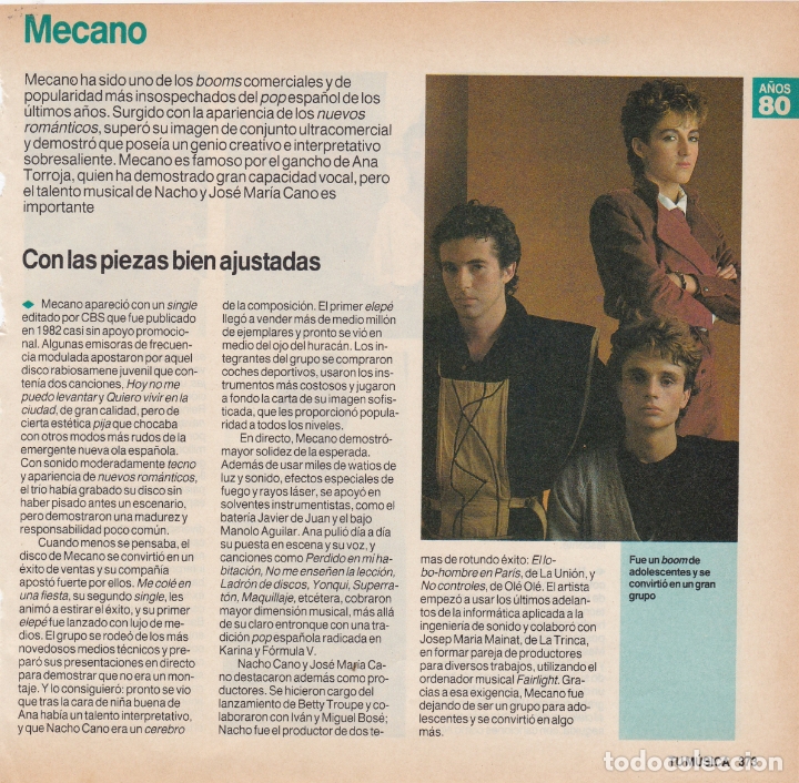 Fotos de Cantantes: hoja revista musical reportaje mecano