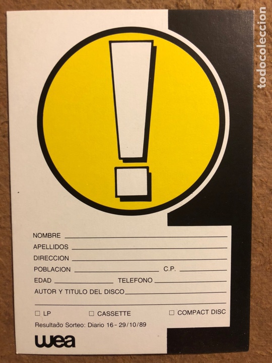 Photos de Chanteurs et Chanteuses: TARJETA PEDIDOS SELLO DISCOGR&Aacute;FICO WEA.