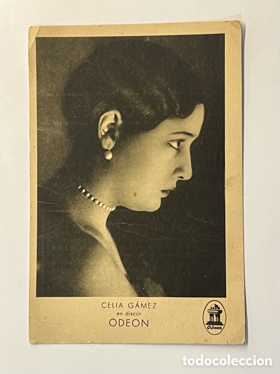 Fotos von Musikern: CELIA GAMEZ. Postal Publicit&aacute;ria Discos Odeon. Reverso: Por si las Moscas&hellip; (h.1950?)