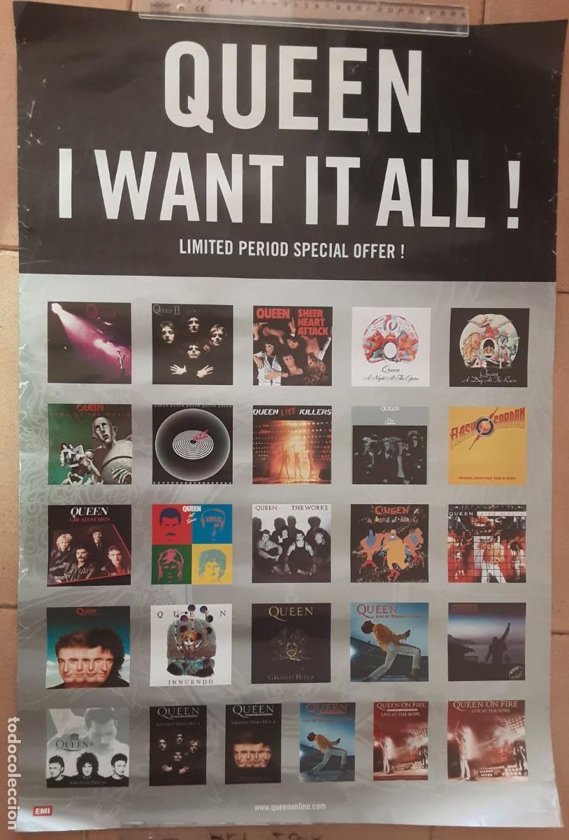 Photos of Singers: QUEEN, poster promocional ingl&eacute;s con todos sus discos oficiales
