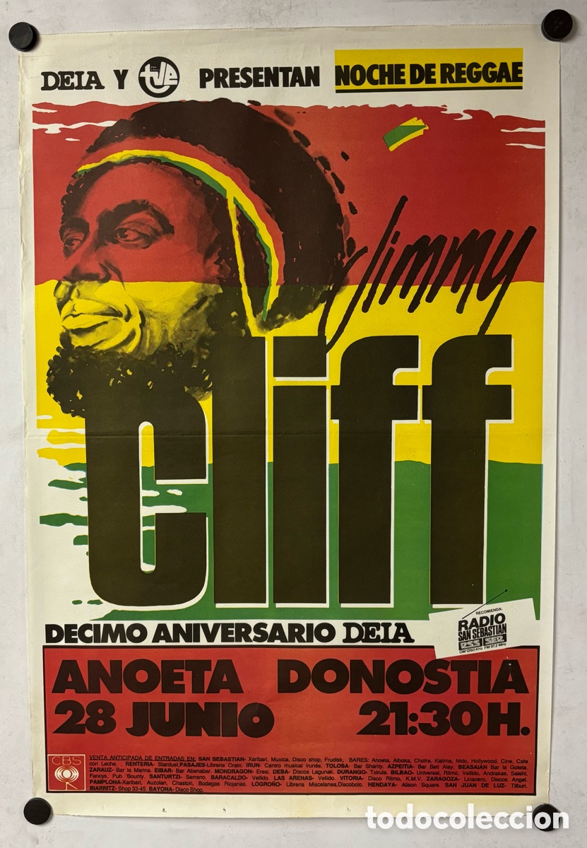 Fotos de Cantores: JIMMY CLIFF. HIST&Oacute;TICO CARTEL ORIGINAL PROMOCIONAL CONCIERTO SAN SEBASTI&Aacute;N 10&ordm; ANIVERSARIO DEIA