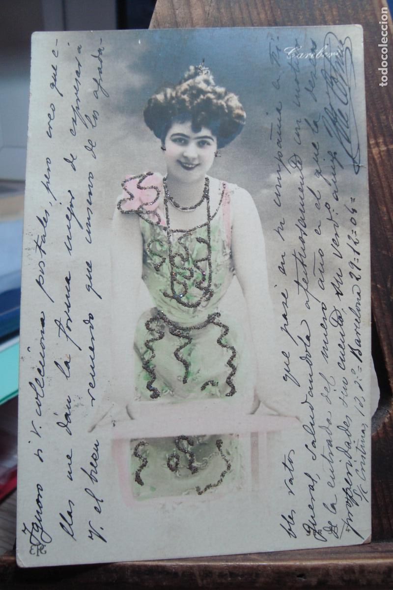Fotos de Cantantes: ANTIGUA POSTAL VEDETTE? CARIBERT? ENVIADA A MARIA CAMPMANY. FARMACIA DE FIGUERAS. EN BARCELONA 1904