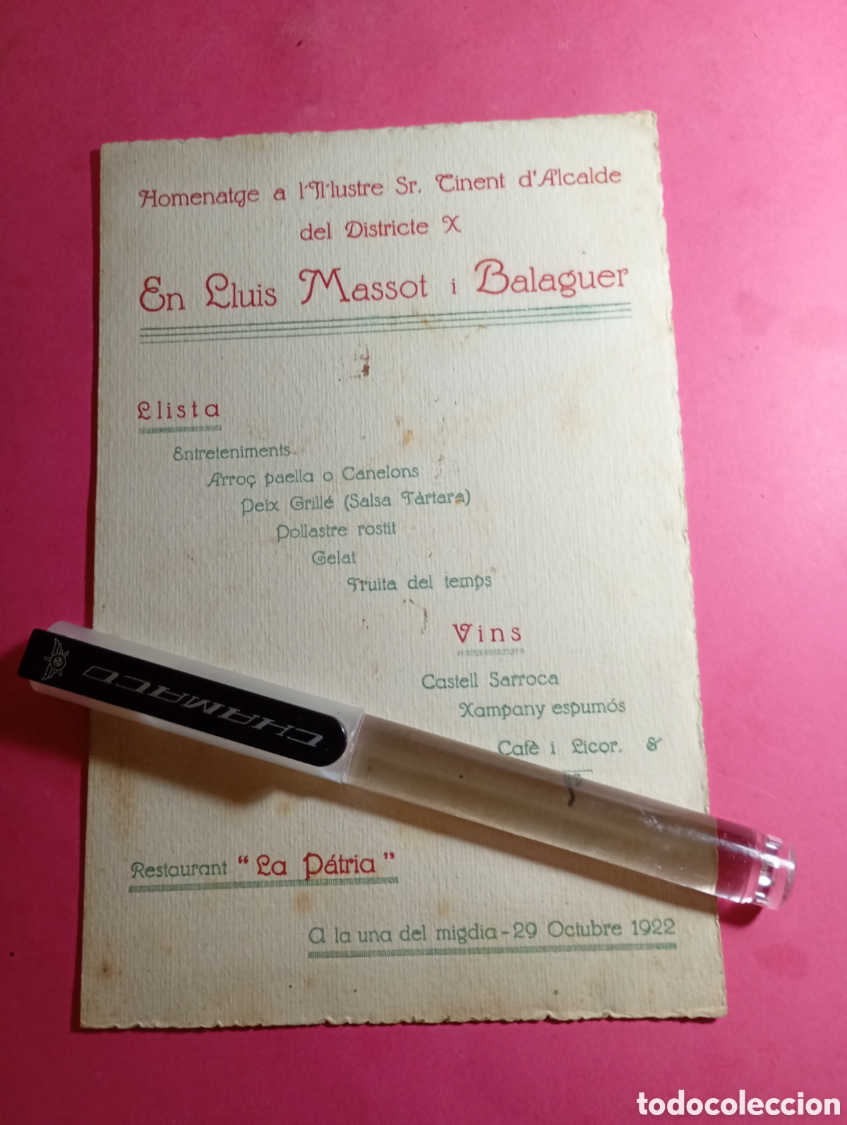 Fotos de cantantes: BCN 1922 MENU HOMENATGE AL TINENT D&acute;ALCALDE DEL DISTRICTE X MENU I FACSIMIL PERGAM&Iacute; DEDICAT