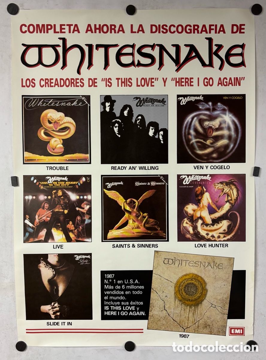 Foto di Cantanti: WHITESNAKE. HIST&Oacute;RICO CARTEL ORIGINAL PROMOCIONAL DISCOGR&Aacute;FICA EMI DE 1987. CON TODOS SUS L.P.s.