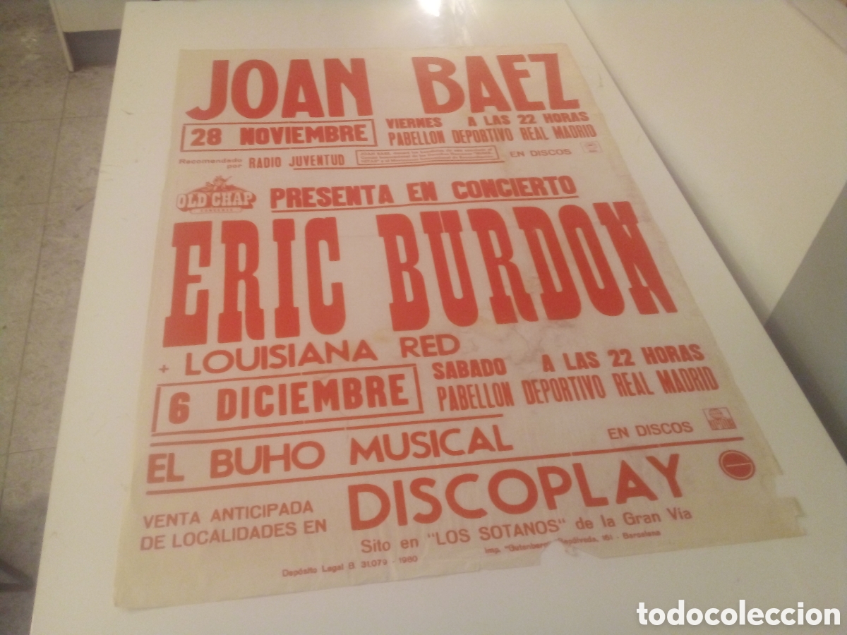 Fotos de cantantes: JOAN BAEZ ERIC BURDON cartel original Madrid 1980 TOUR 100X70