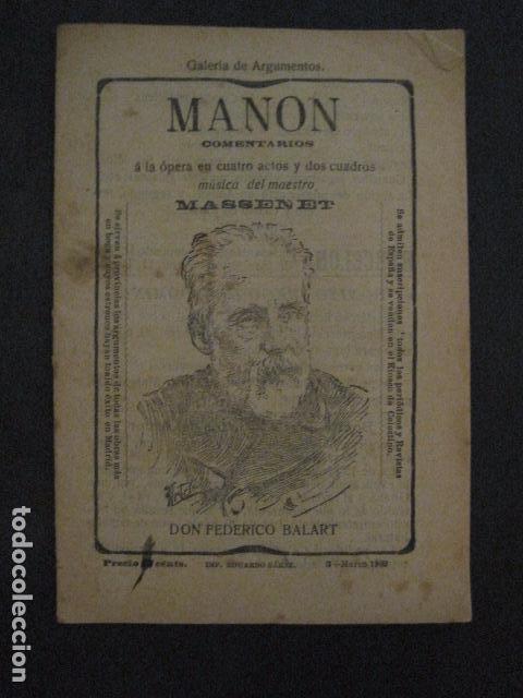 Libretos de &oacute;pera: MANON - ARGUMENTO Y CANTABLES - (v-11.800) - Foto 1