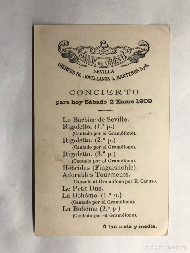 Libretos de &oacute;pera: SEVILLA. Tarjeta Postal. El Pasaje de Oriente. Programa musical (a.1909) - Foto 1
