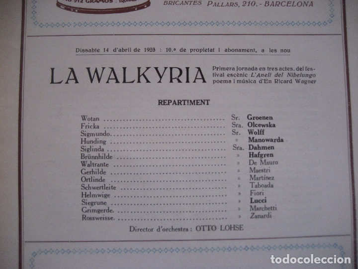 Libretos de &oacute;pera: Gran Teatre del Liceu. 1923  Programa . La Walkyria. - Foto 3