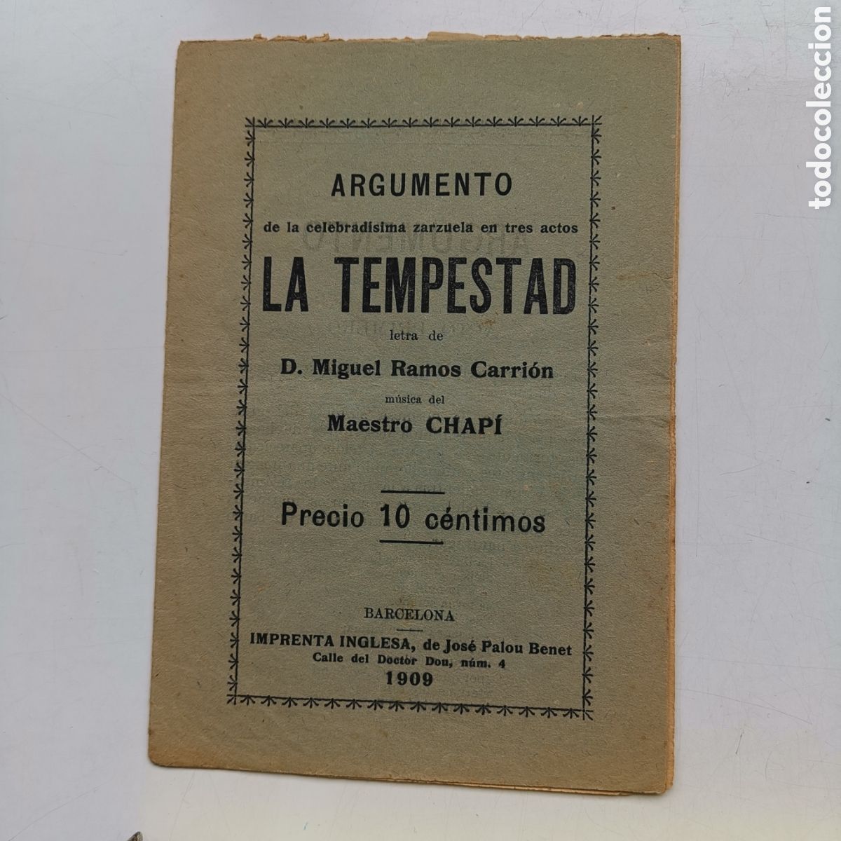 Libretos de &oacute;pera: Librito de Zarzuela La Tempestad de 1909 - Foto 1