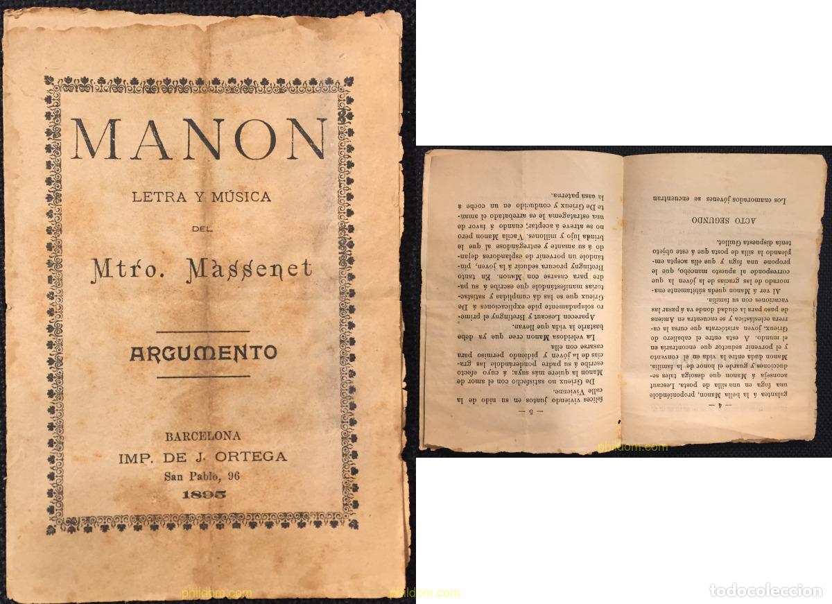 Libretos de &oacute;pera: FOLLETO ARGUMENTO MANON 1895 LETRA Y MUSICA DEL MTRO.MASSENET