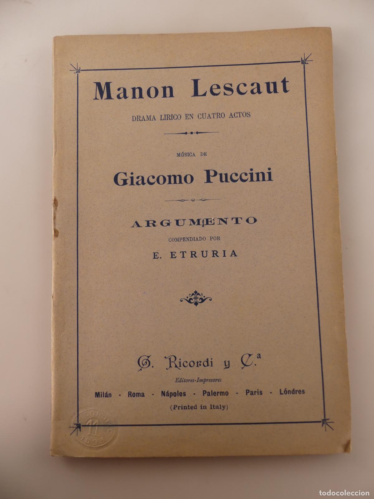 Opera Books: LIBRITO - ARGUMENTO DE MANON LESCAUT POR GIACOMO PUCCINI