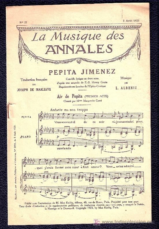 Partituras musicais: LA MUSIQUE DES ANNALES - M&Uacute;SICA DE ALBENIZ - A&Ntilde;O 1923