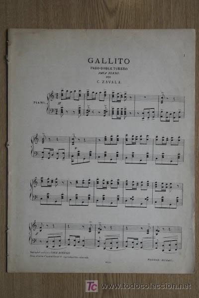 Partituras musicales: Gallito. Paso-doble torero para piano por C. Zavala. - Foto 1 - 19937763