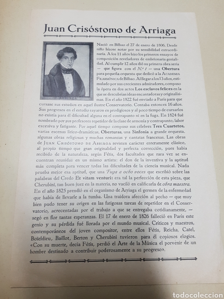 Partitions Musicales: PARTITURA MUSICAL MINUETTO Y BIOGRAF&Iacute;A DE JUAN CRISOSTOMO DE ARRIAGA