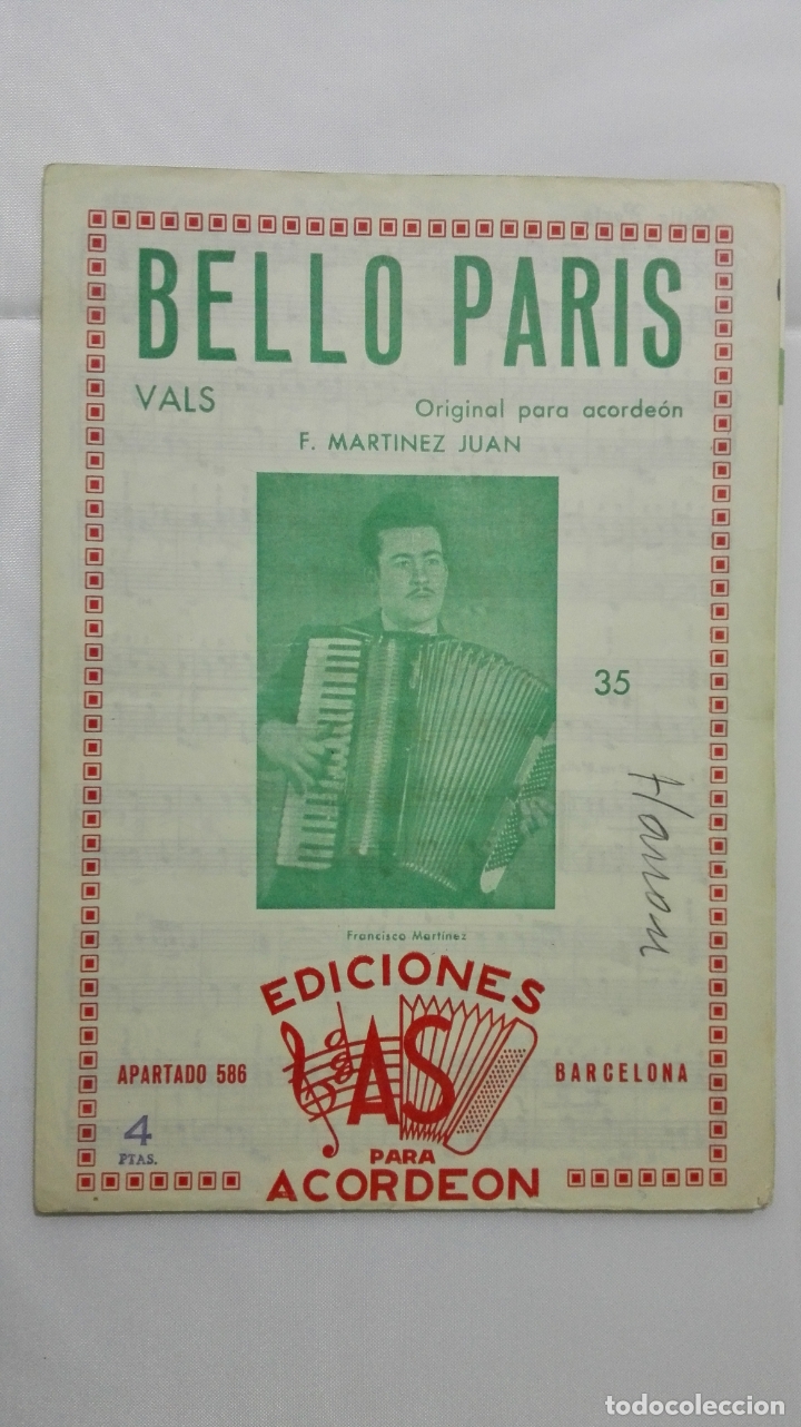 Partitions Musicales: ANTIGUA PARTITURA, BELLO PARIS - VALS, EDICIONES AS PARA ACORDEON