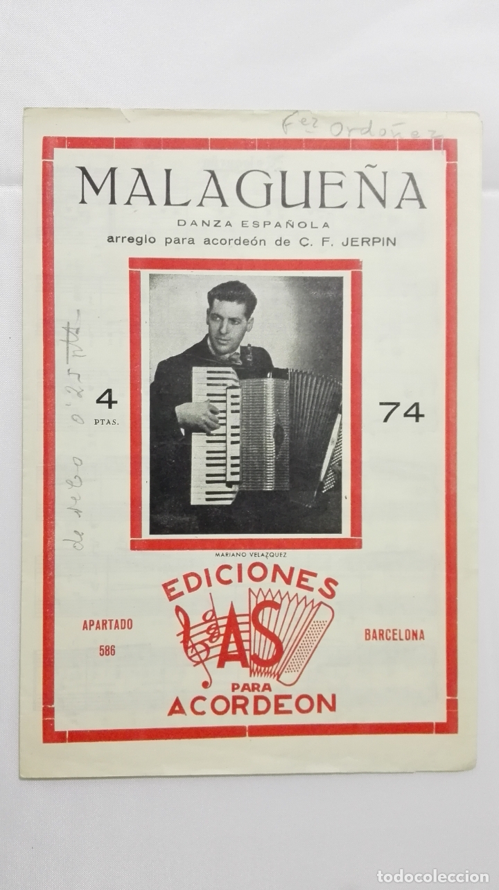 Partitions Musicales: ANTIGUA PARTITURA, MALAGUE&Ntilde;A - DANZA ESPA&Ntilde;OLA, EDICIONES AS PARA ACORDEON, N&ordm; 74